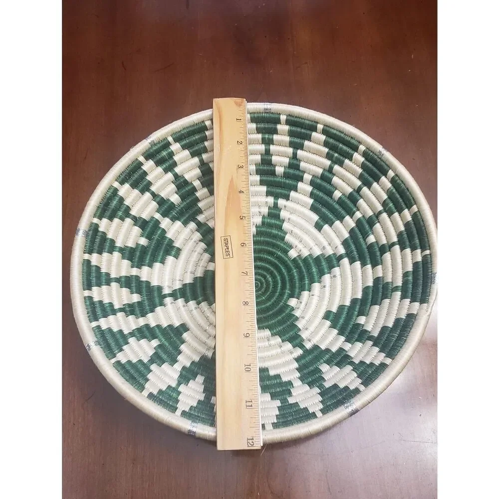 AFRICAN WALL BASKET Hand Woven Rwanda Bowl Green Cream